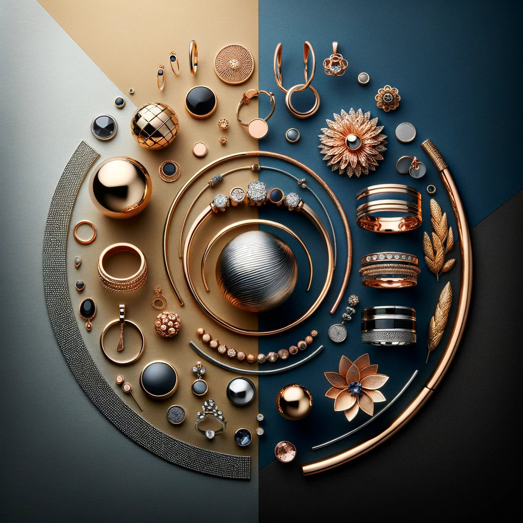 A stylish and sophisticated image showcasing mixed-metal and mixed-style jewellery combinations, incorporating various pieces like rings, bracelets, necklaces, and earrings.