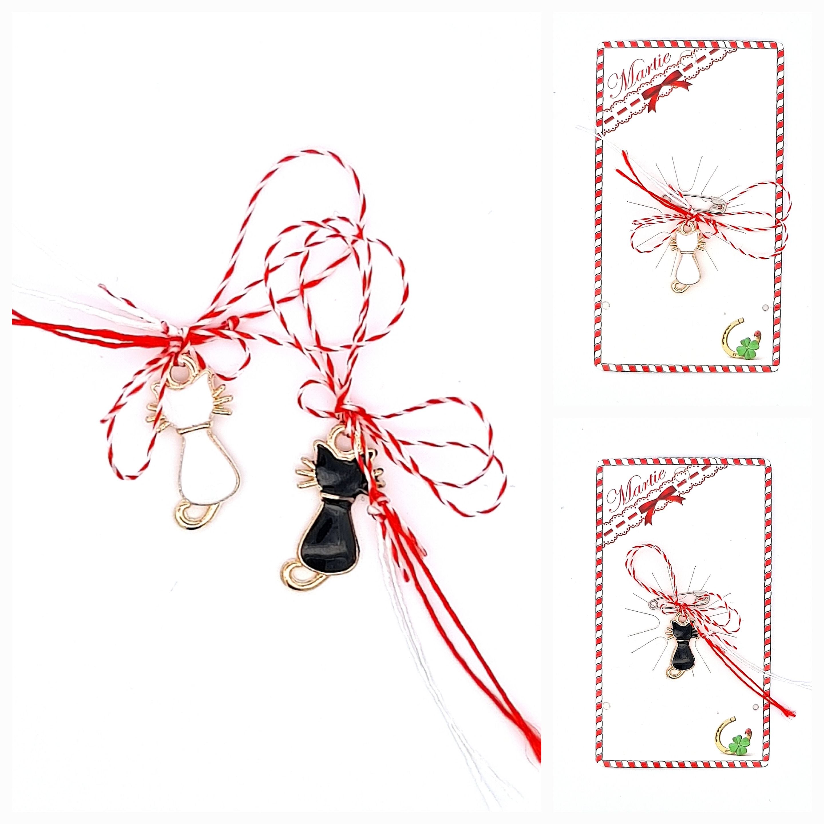 Black and White Cat Enamel Martisor on White Background, a whimsical and Sustainable Martisor for Spring with educational card