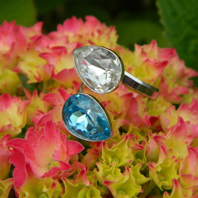 Crystal Embrace Ring - Sterling Silver Wrap-Around Ring with Blue and Clear Pear-Shaped Crystals