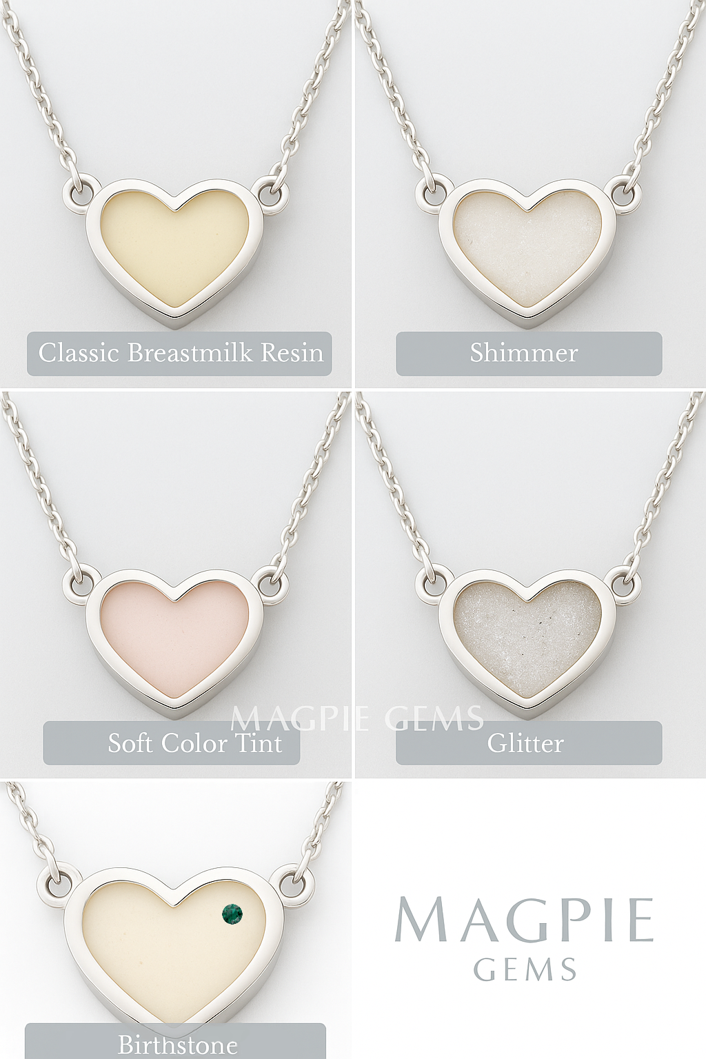 Heart breastmilk necklace in sterling silver showing keepsake resin options: classic, shimmer, glitter, soft pink tint, and birthstone flakes, with Magpie Gems logo watermark, handmade sterling silver keepsake jewellery in Ireland.