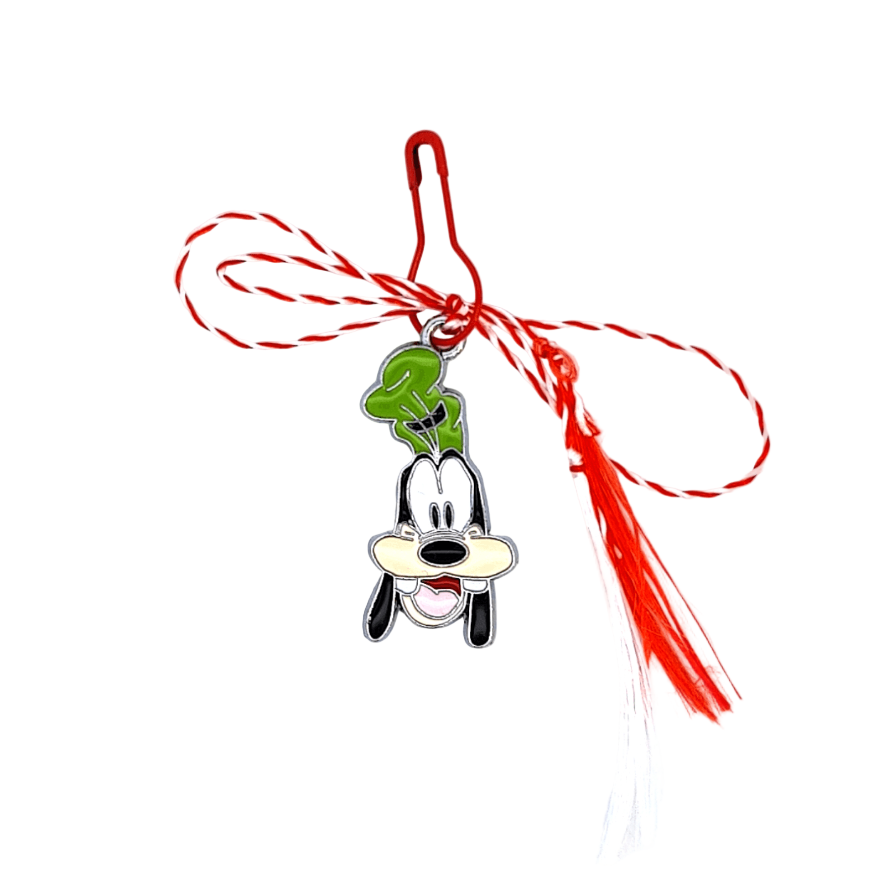 Goofy-inspired Tall Green Hat Dog Cartoon Martisor charm with red and white string and safety pin.