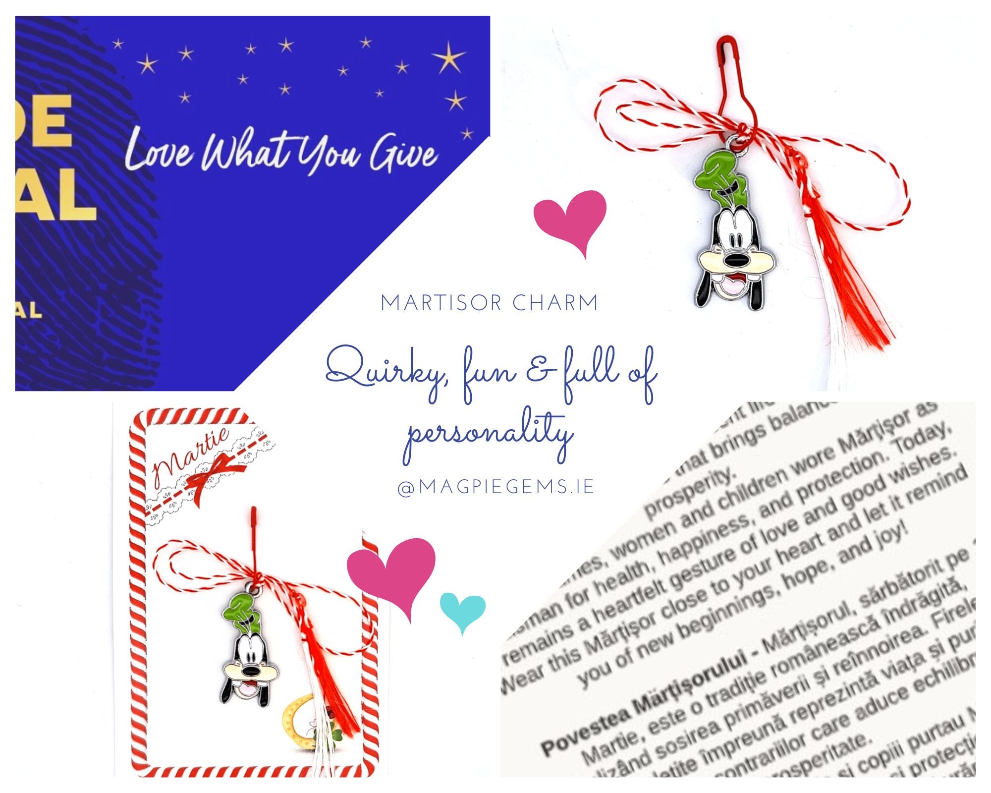 Promotional image of Goofy-inspired Tall Green Hat Dog Cartoon Martisor with love-themed background, made in Ireland.